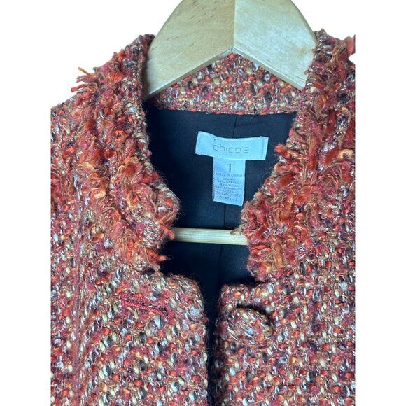 Chico's Tweed Jacket Womens Size 1 SARAIH Red Orange Button Front Lined‎ - Picture 6 of 11